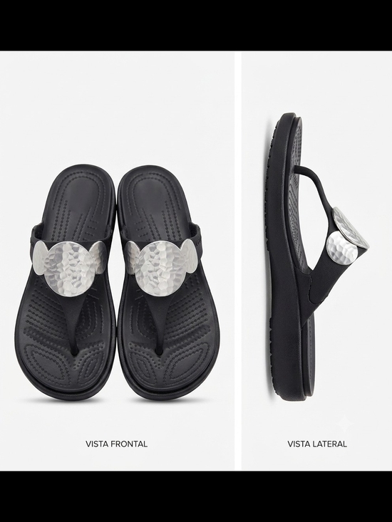 CROCS Shoes - Crocs Women'sBlack/SilverThong WedgeSlip On Sandals Logo Synthetic Size US 8 UK6